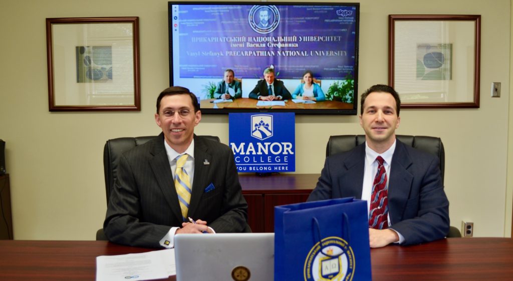 President Peri and Dr. Stephen Grieco, Vice-President of Academic Affairs at the partnership Skype signing with Vasyl Stefanyk Precarpathian National University.