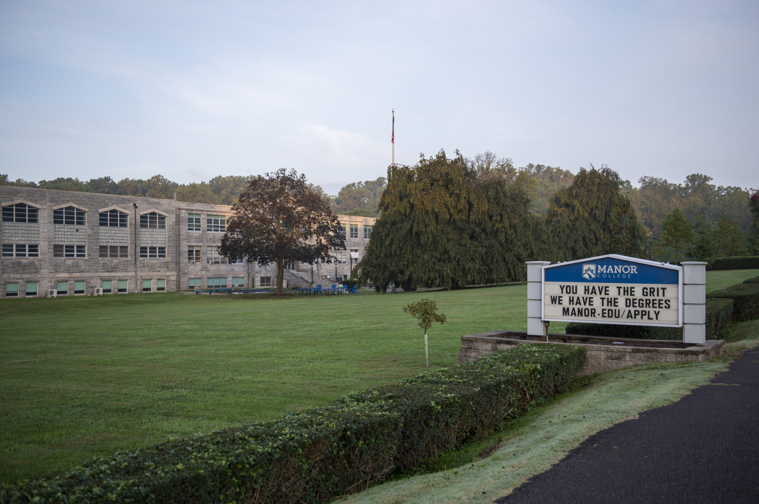 Manor College shines in the morning light. 