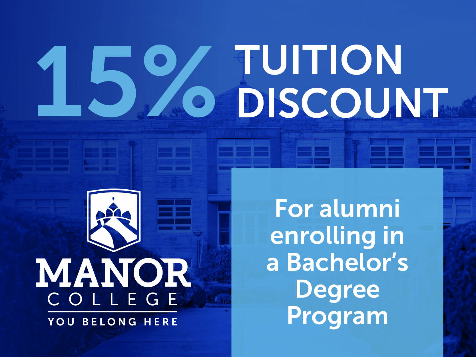 15% off tuition discount for alumni enrolling in a Bachelor’s Degree Program Graphic