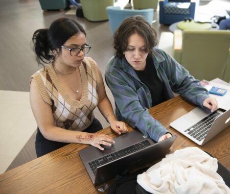 Two students studying together on laptops in the library